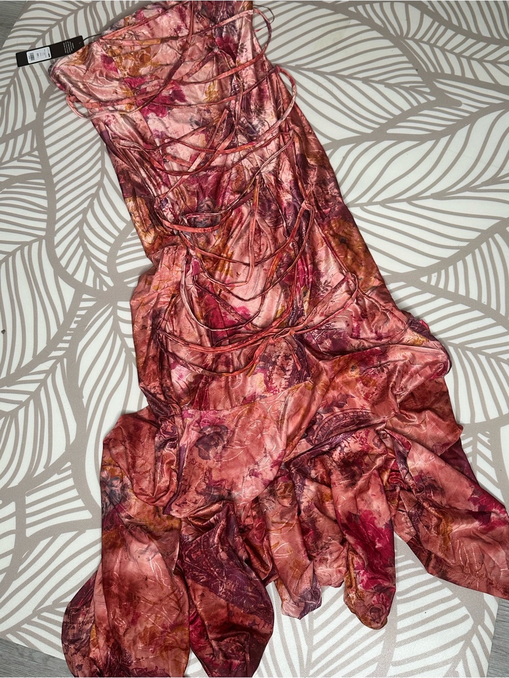 Fashion Nova Pink Marble Asymmetrical Ruched Slip Dress